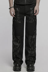 Black Pleated Faux Leather Stitching Men's Punk Straight Pants